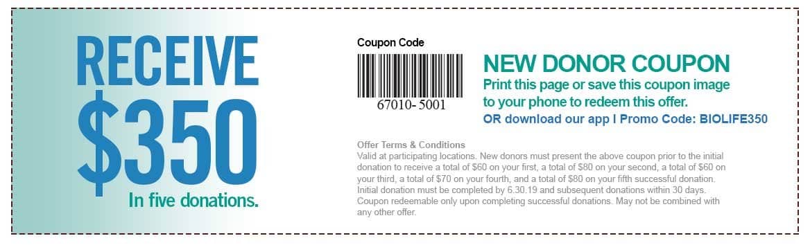 BioLife Coupon $350 in 5 donations