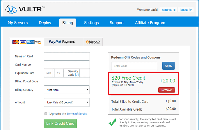 vultr coupon code free 20 usd